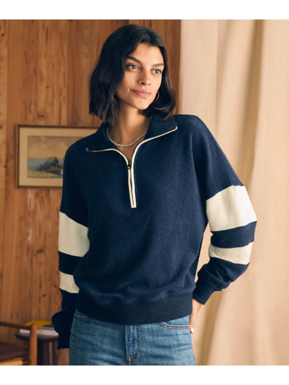 Faherty Beach Fleece Quarter Zip Sweatshirt Striped Jacket Navy Blue White